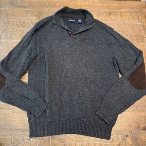 Chaps Mens Large Grey Marled Cotton Sweater Button Mock Neck Elbow Patches